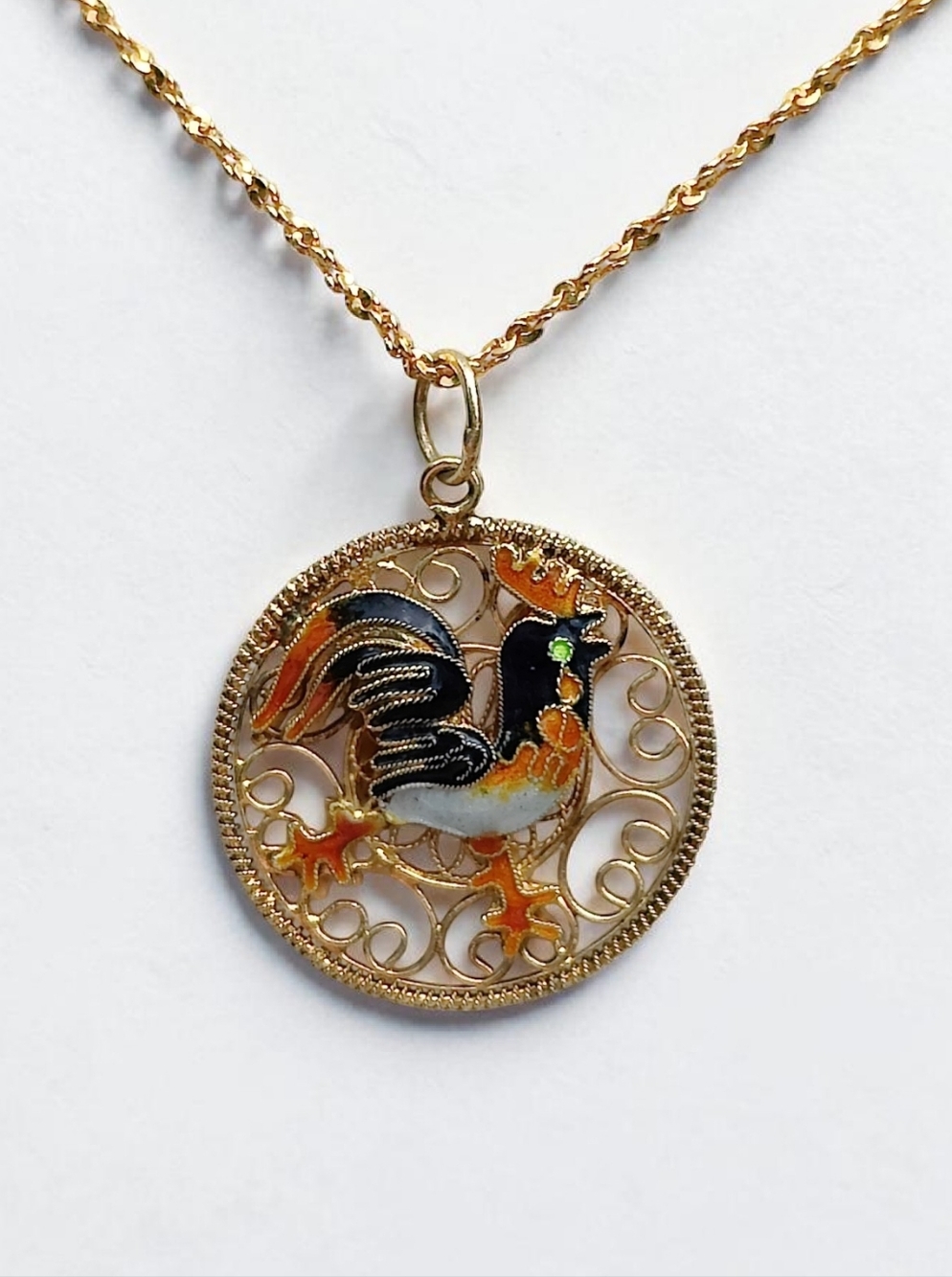Antique Gold-Tone Enamel Rooster Pendant Necklace
